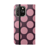 iPhone 14 Pro Max Geldbörsen-Hülle aus veganem Leder – Pink Plum Polka Dot Design
