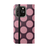 iPhone 14 Pro Geldbörsen-Hülle aus veganem Leder – Pink Plum Polka Dot Design