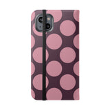 iPhone 14 Plus vegane Leder-Wallet-Hülle – Pink Plum Polka Dot Design