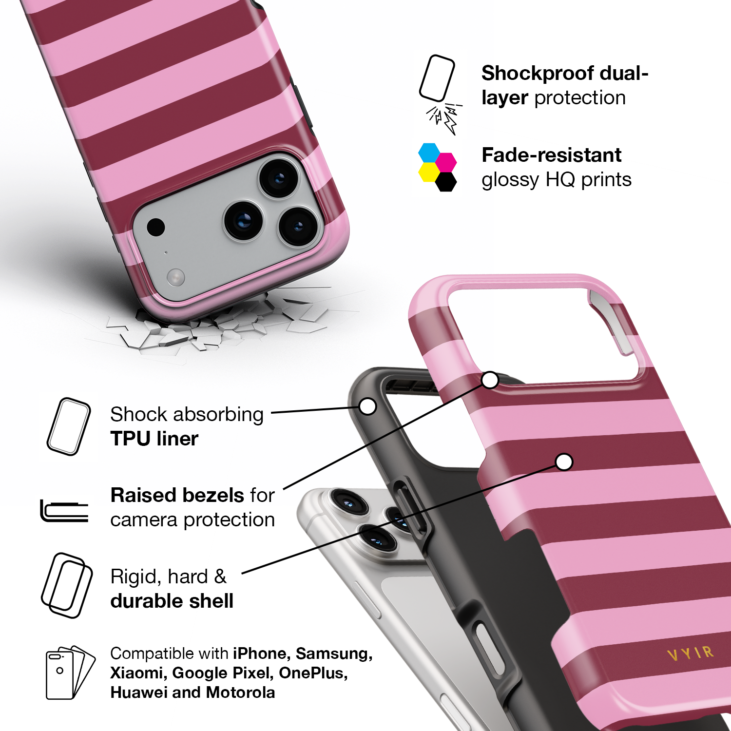 Horizontal Stripes, Candy Pink - Shockproof Phone Case - VYIR