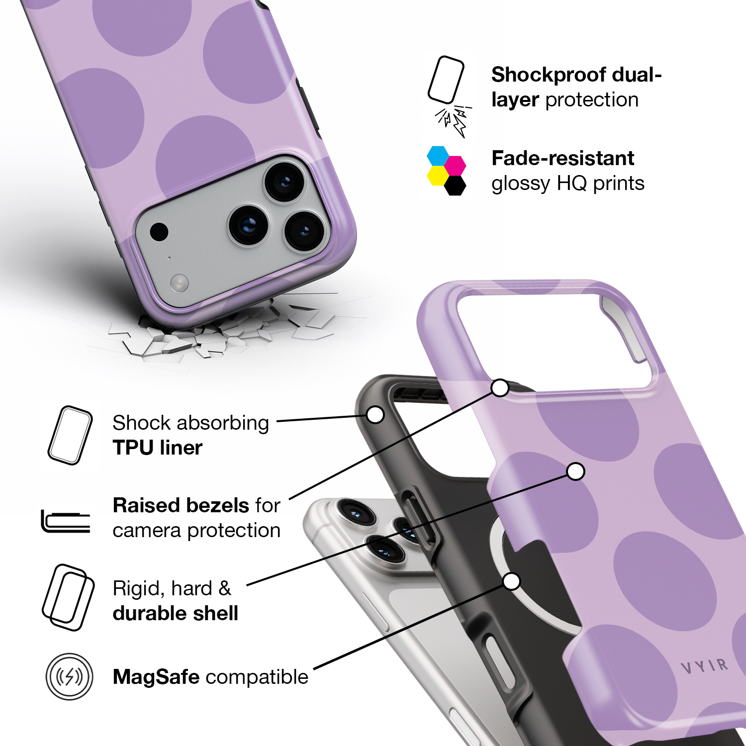 Big Polka Dots, Lilac - Shockproof MagSafe iPhone Case - VYIR
